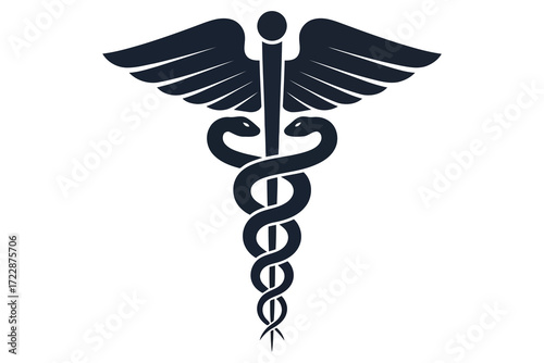 Vector art of caduceus symbol representing medicine, healthcare, and healing, with snakes entwined around a staff and wings, symbolizing medical profession and care