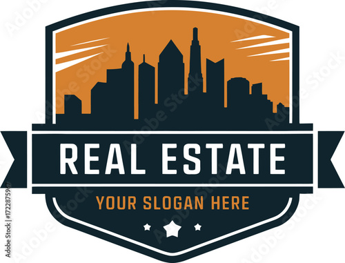 Modern real estate logo with city skyline and ribbon emblem for property business