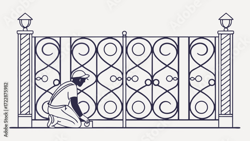 A Kneeling Worker Inspecting Ornate Wrought Iron Gate with Lanterns