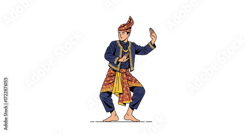 Illustration of a male figure in traditional attire performing a cultural dance. The artwork showcases the elegance and cultural richness of the performance, highlighting the attire and movements