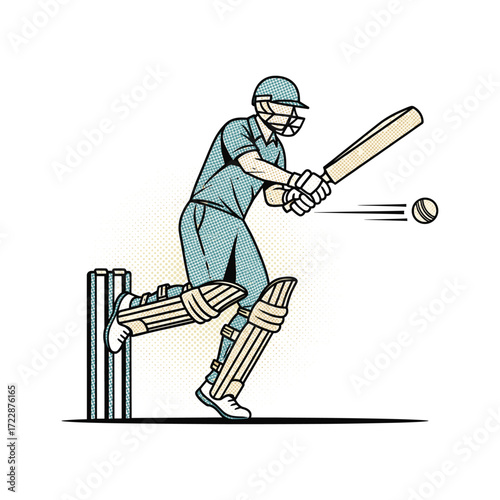 Cricket batsman halftone icon logo flat vector design