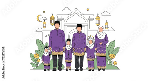 A heartwarming illustration depicts a Muslim family standing in front of a mosque, dressed in traditional attire, celebrating a cultural and religious occasion of togetherness