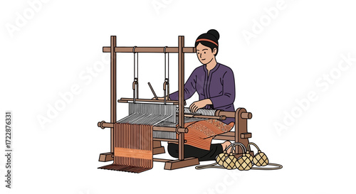 A woman weaving on a traditional loom, her hands expertly manipulating the threads to create intricate patterns, a glimpse into the artistry of textile production