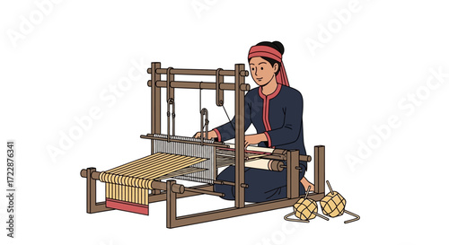 An illustration of a woman weaving fabric on a loom. The artwork showcases traditional craftsmanship, textile production, and a glimpse of cultural heritage. The loom is detailed