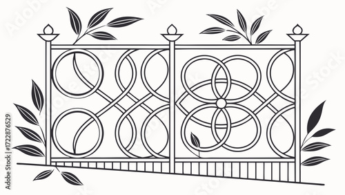 Ornate Ironwork Fence with Circular Motifs and Stylized Leafy Sprigs