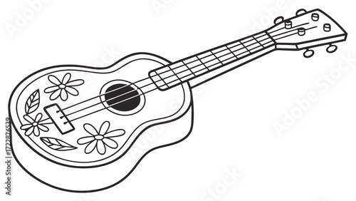 Outlined Ukulele with Floral Design Four Strings and Tuning Pegs Detail