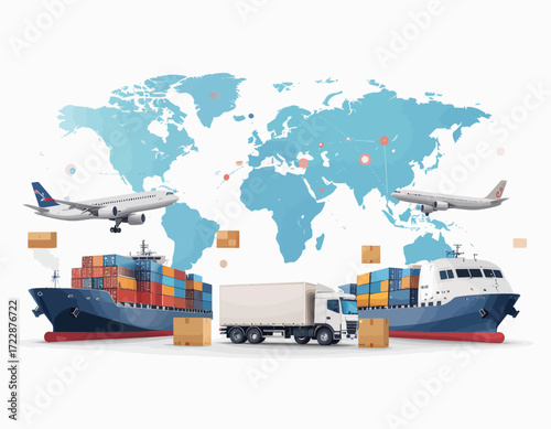 Global logistics and transportation network with cargo ships, airplanes, and trucks.