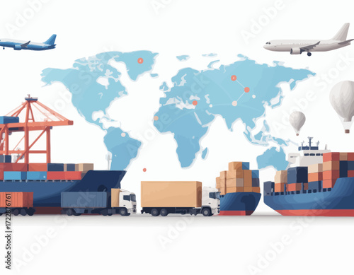 Global logistics and transportation network, worldwide shipping and delivery.