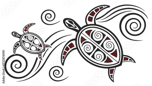 Two stylized sea turtles swimming with tribal wave patterns black and red design