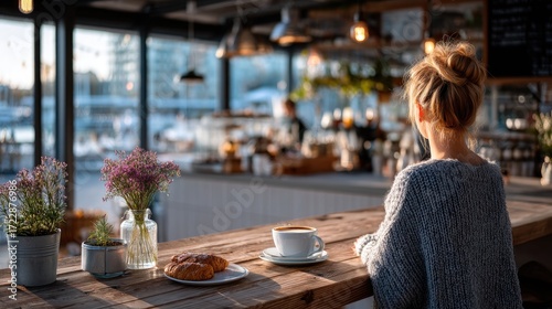 Woman in Gray Sweater Enjoys Coffee at Sunlit Cafe Counter with Blurred Harbor View and Rustic Charm in Warm Ambient Lighting