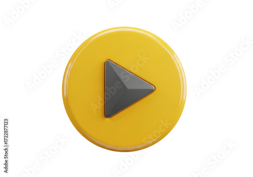 Illustration of a 3d render of a yellow play button icon, isolated on transparent background on transparent background