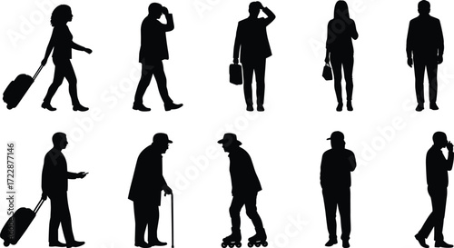 Silhouettes of people walking, standing, traveling with luggage, businesspeople, casual pedestrians, man with cane, rollerblading person, diverse group, city life, urban movement, human activity