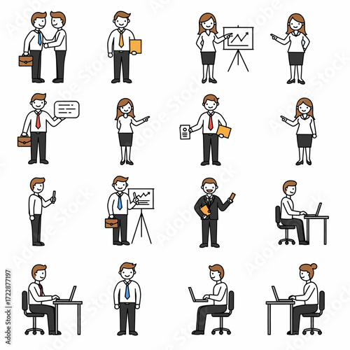 Diverse Business People Icons Professionals in Various Poses and Activities.
