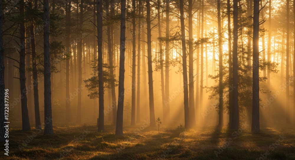 Obraz premium Golden Hour Enchantment: Sunbeams Piercing Misty Pine Forest