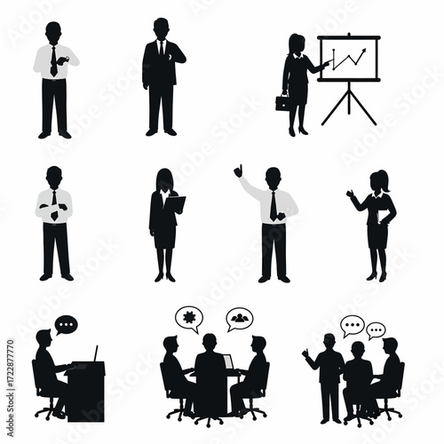 Silhouetted Business People Diverse Poses Presentations and Team Discussions in Black.