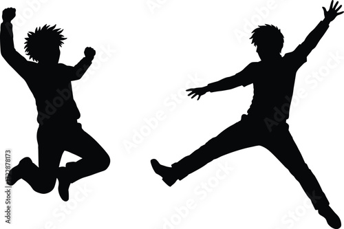 Silhouettes of two young men jumping joyfully in mid-air, dynamic action, energetic poses, celebration, freedom, happiness, movement, excitement, youth lifestyle, playful moment, black and white