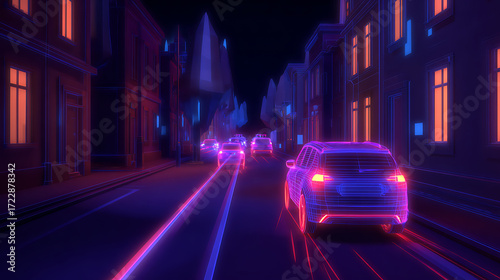 Neon-lit city street at night with glowing cars driving through urban landscape