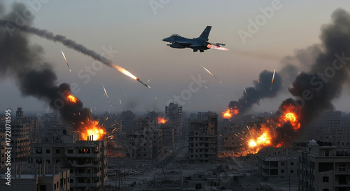 Foto Fighter jet unleashes missile over burning city skyline amidst explosions and sm