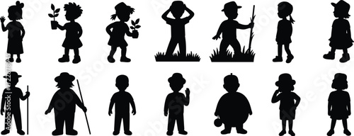 Children silhouettes, black and white vector, kids illustration, playful design, childhood art, lifestyle icon, stock image, family drawing, nature activity, youth figure