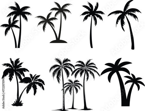 Tropical palm tree silhouettes against a summer sunset beach landscape vector illustration