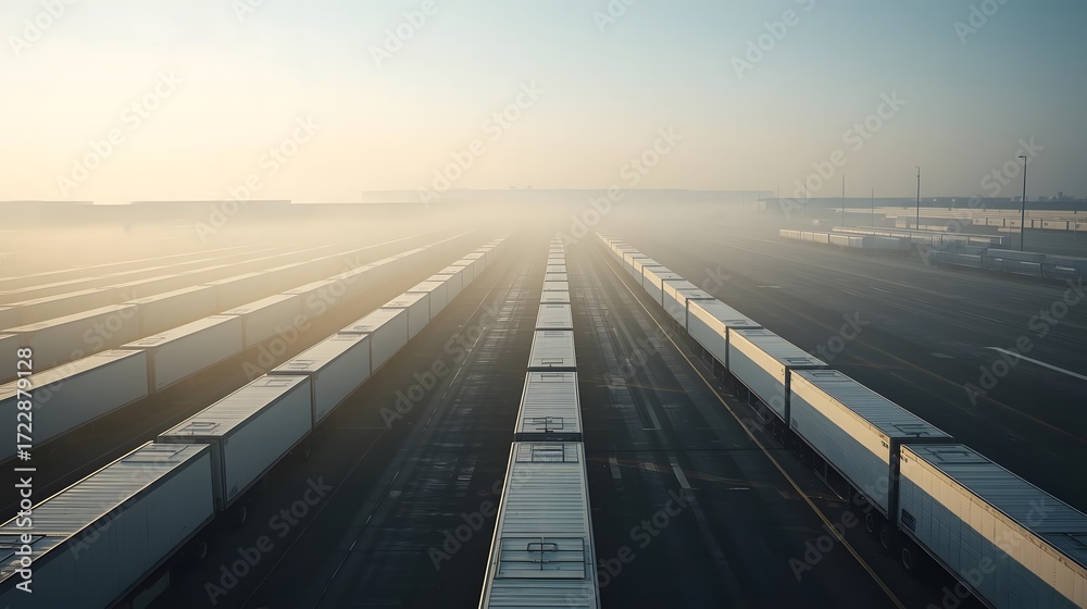 Fototapeta premium Rows of trucks parked neatly at a massive logistics yard, morning mist rising