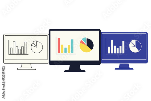 Vector art of three computer monitors displaying different types of charts the image shows the evolution of data visualization from simple to complex and from abstract to realistic