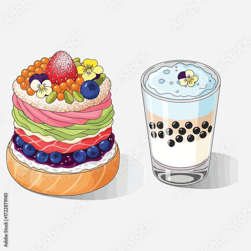 Colorful fruit cake with layers of cream and berries next to a glass of bubble tea