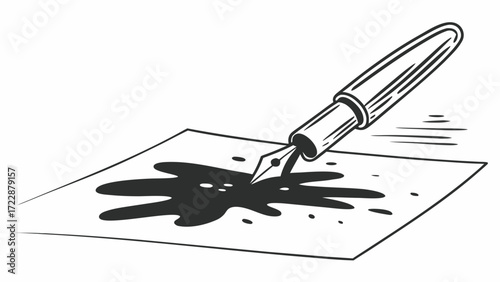 A drawing of a fountain pen leaking ink on a piece of paper creating a large black ink blot stain created with generated ai 