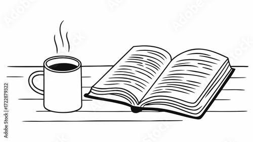 Illustration of an open book with a coffee mug on a wooden surface with steam rising above it created with generated ai 