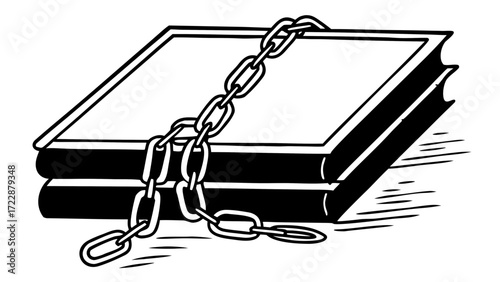 Illustration of two books stacked with a metal chain wrapped around them in black and white style created with generated ai 