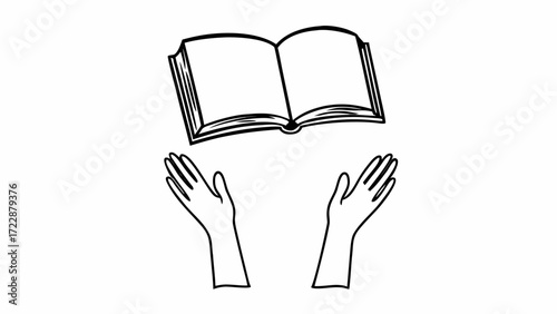 Open book floating above two hands reaching up in a black and white line drawing style illustration created with generated ai 