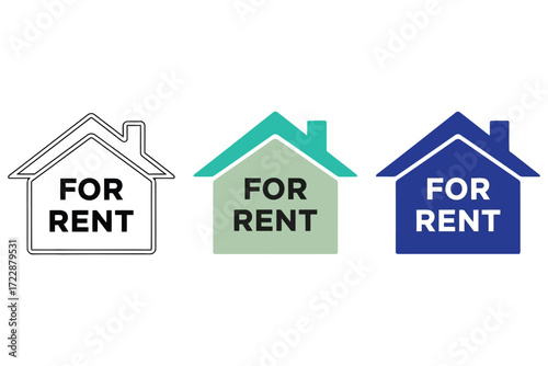 Vector art of three house icons with the words for rent the first house is a black outline, the second is green, and the third is blue, all indicating rental availability