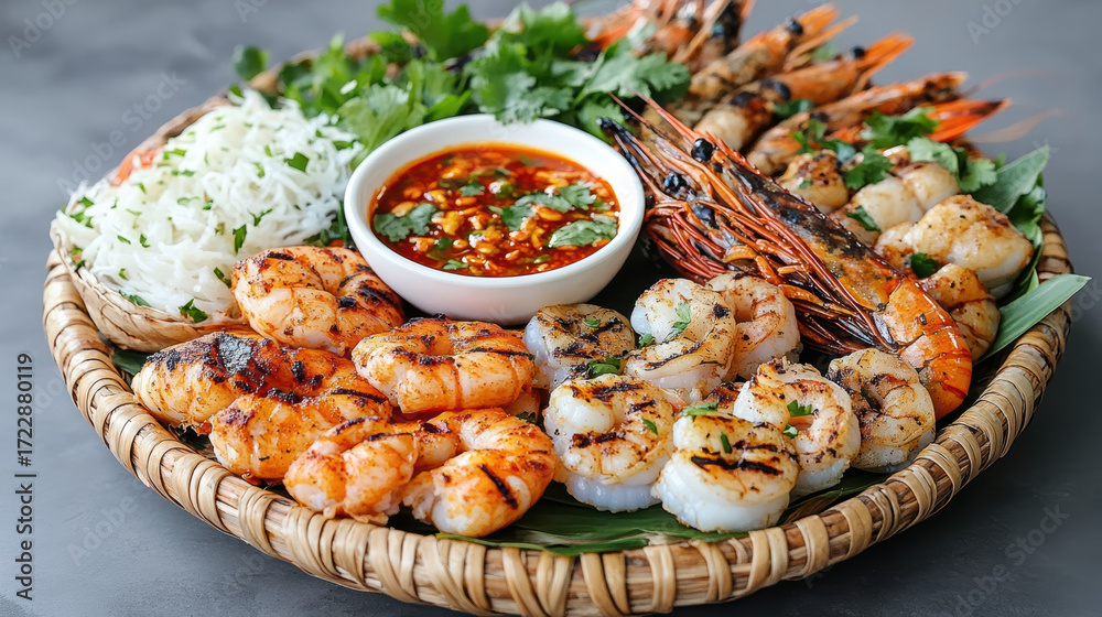 Fototapeta premium Grilled seafood platter with shrimp, fish, and chili dips on woven mat evokes delightful feast
