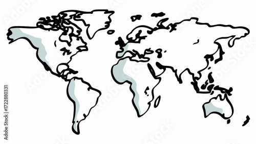 Illustration of a world map with continents outlined in black and filled with a light gray color created with generated ai 