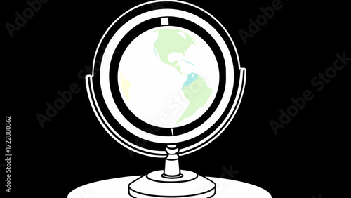Illustration of a globe with continents surrounded by black and white rings on a black background created with generated ai 