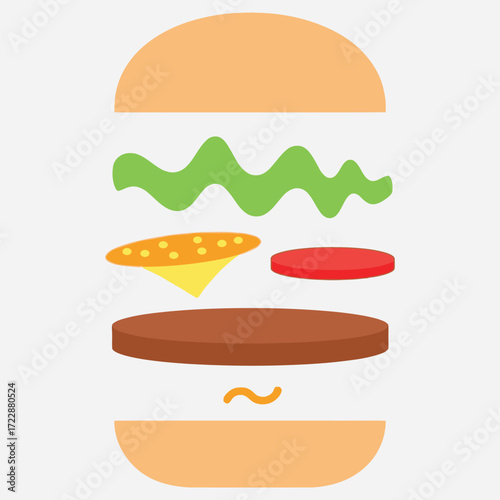 Stylized minimalist illustration of a hamburger with all its delicious ingredients suspended in the air