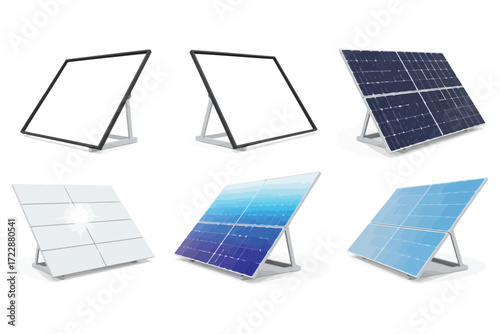 Vector art of set of solar panel represents renewable energy, sustainability, and ecofriendly technology, ideal for environmental and energyrelated projects, promoting clean power
