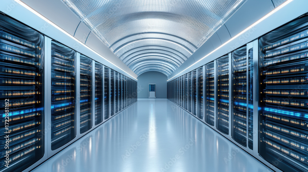 Fototapeta premium High tech server room with rows of servers and bright lighting creating futuristic atmosphere