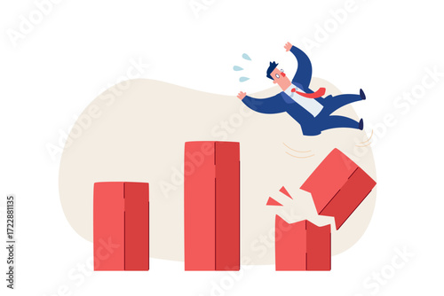 businessman falling off broken bar chart