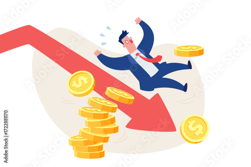 Businessman sliding down red arrow with falling coins