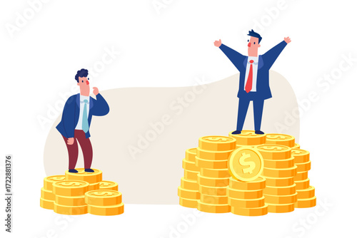 successful businessman standing on larger stack of coins compared to competitor