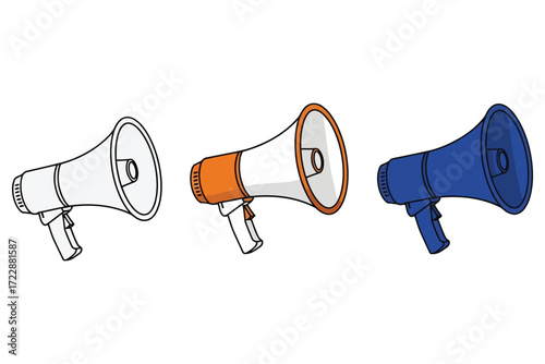 Vector art of three megaphone, each with a different color scheme, perfect for illustrating announcements, promotions, or public speaking concepts in a vibrant style