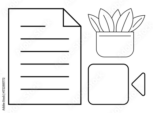 Minimal lined paper, potted plant, video play button, and square represent digital work. Ideal for remote work, creativity, content creation, communication, online learning productivity simple flat