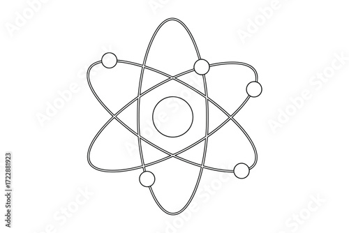 Vector art of a simple black and white atom icon, representing science, physics, chemistry, and the structure of matter in a minimalist design