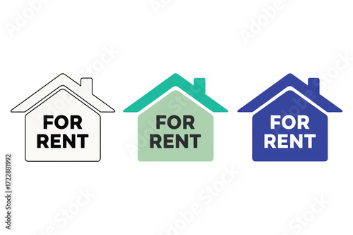 Vector art of three colorful house icons with the words for rent, representing real estate, property rental, and housing availability in a simple and modern design