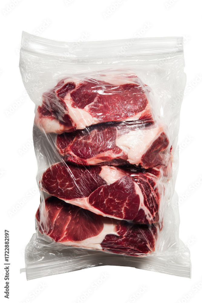 Obraz premium Raw beef steaks sealed in plastic bag isolated on a transparent background meat