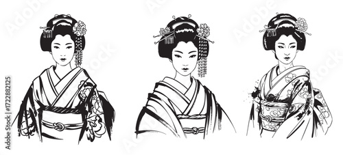 woman geisha set engraving vector style