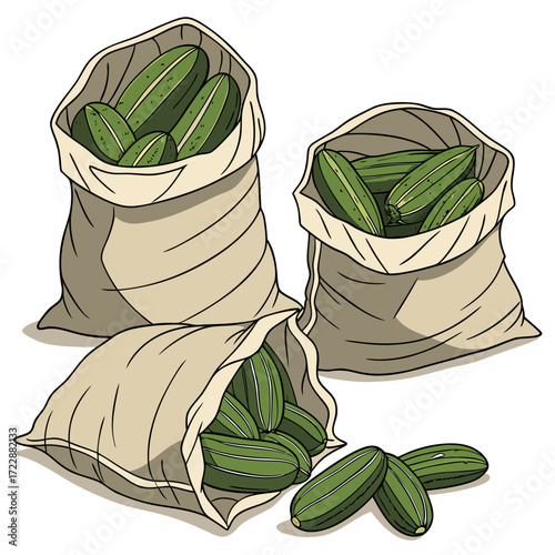 Abundant harvest of fresh green cucumbers spilling from rustic burlap sacks, ready for market or kitchen use