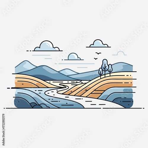 Stylized landscape illustration featuring rolling hills, a winding river, and scattered trees under a cloudy sky