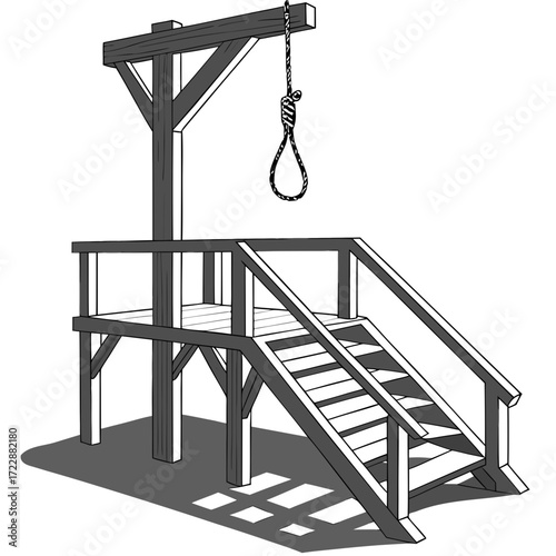 Dramatic depiction of a vintage gallows structure with a noose ready for use, evoking historical justice and grim finality.